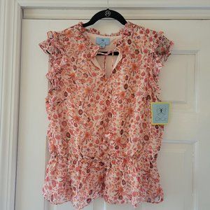 CECE Blouse, Floral, Flowy, Lines, Flutter sleeves, orange, pink LARGE, NWT !!